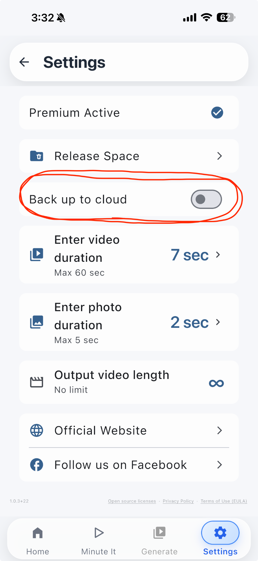 Minute It settings page