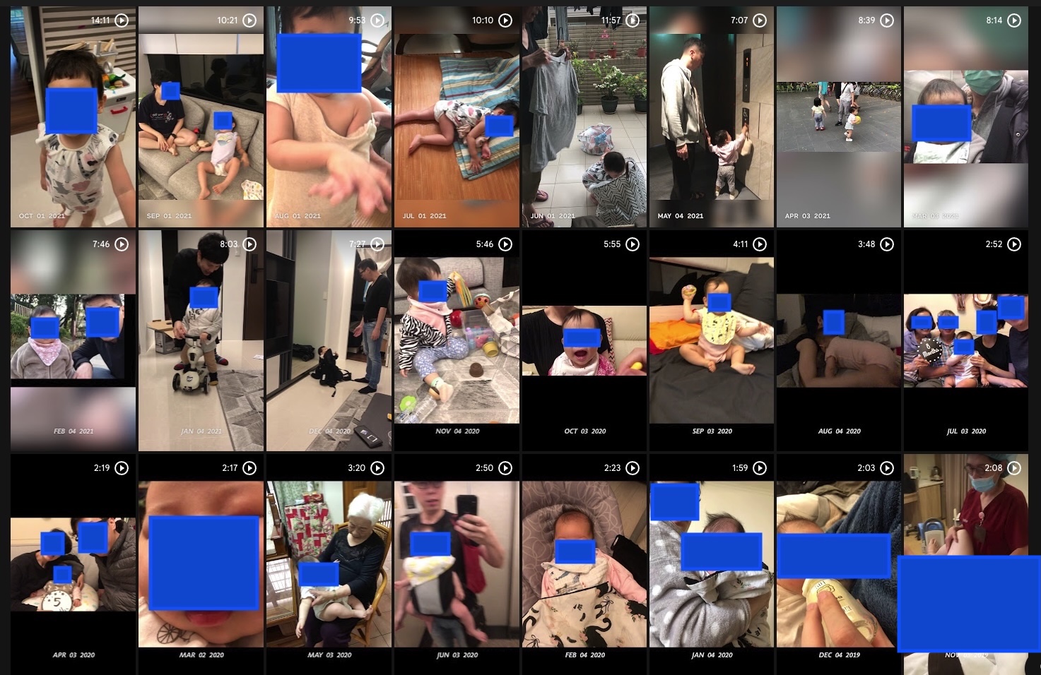 A collage of family video thumbnails